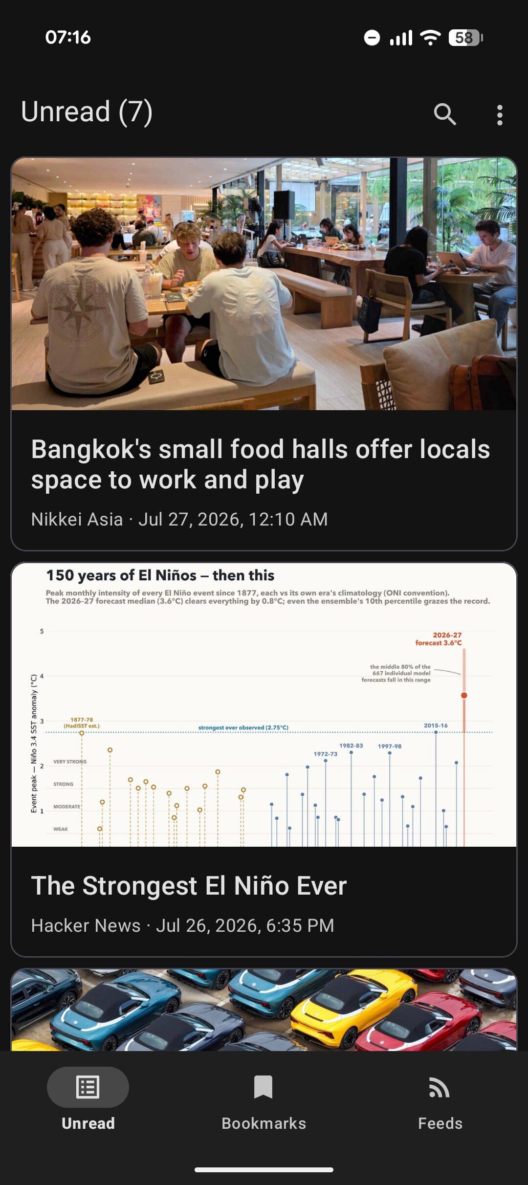 Vesti showing an unread feed with article previews